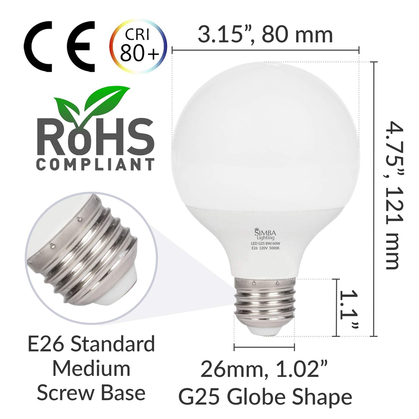 Simba Lighting LED G25 Bulbs 8W 60W Equivalent 120V E26 Daylight, 3 Pack