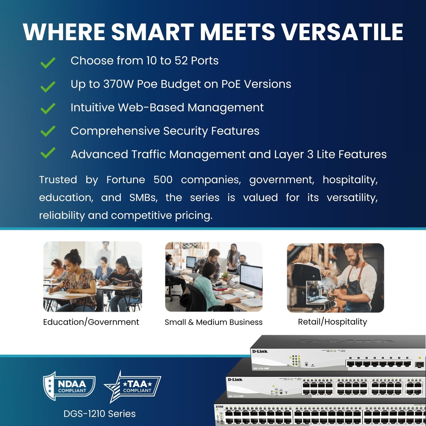 D-Link 10-Port Gigabit Smart Managed PoE+ Switch | 8 PoE+ Ports (65W) + 2 SFP Ports | L2+ | VLANs | Web Managed | Surveillance Mode | Desktop or