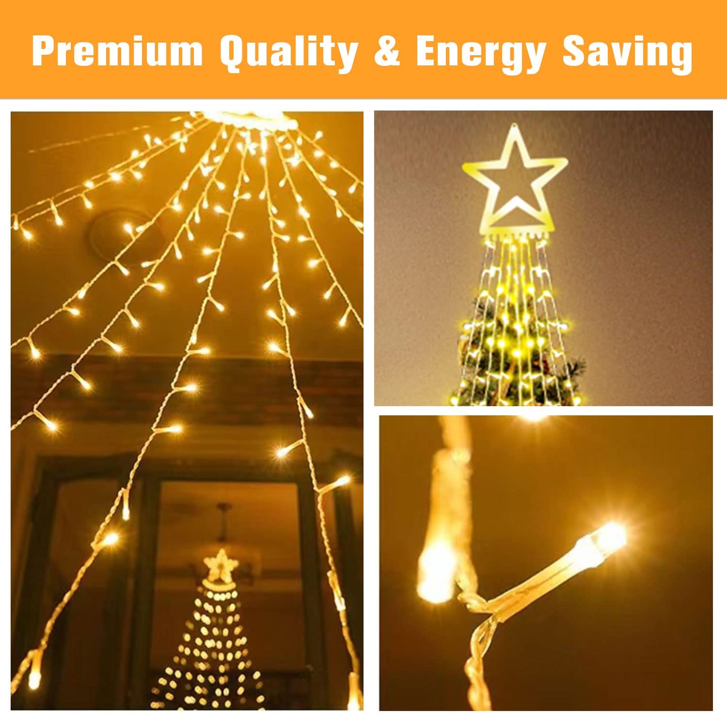 Outdoor Christmas Decorations Star String Lights, 317 LED 11.5 ft Waterfall Tree Lights with 8 Memory Lighting Modes&Timer Christmas Star Lights