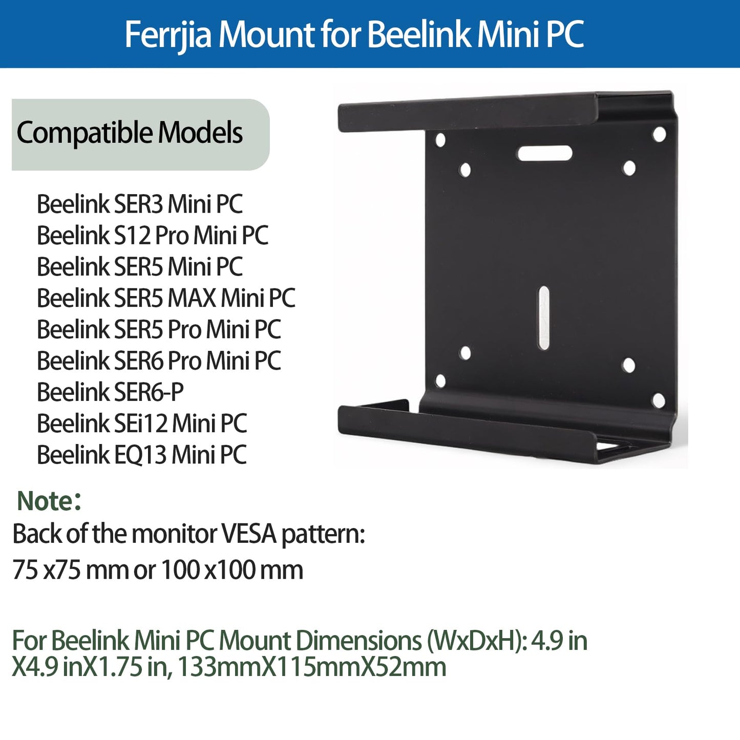 Freejia Metal Mini PC Mount Compatible with Beelink Mini PC Vesa Mount/Wall Mount/Under Desk Mount, Mount for Beelink S12 Pro Mini PC, SER6