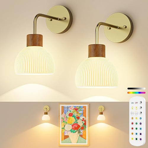 PRTILOUD Glass Battery Operated Wall Sconces Set of 2, Rechargeable Wall Lamp with Remote, 12 Colors Dimmable Wireless Sconces Wall Decor Set of 2