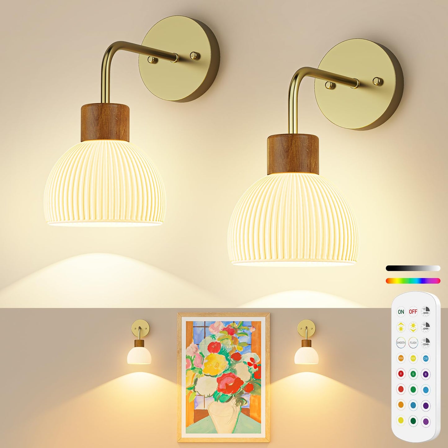 PRTILOUD Glass Battery Operated Wall Sconces Set of 2, Rechargeable Wall Lamp with Remote, 12 Colors Dimmable Wireless Sconces Wall Decor Set of 2