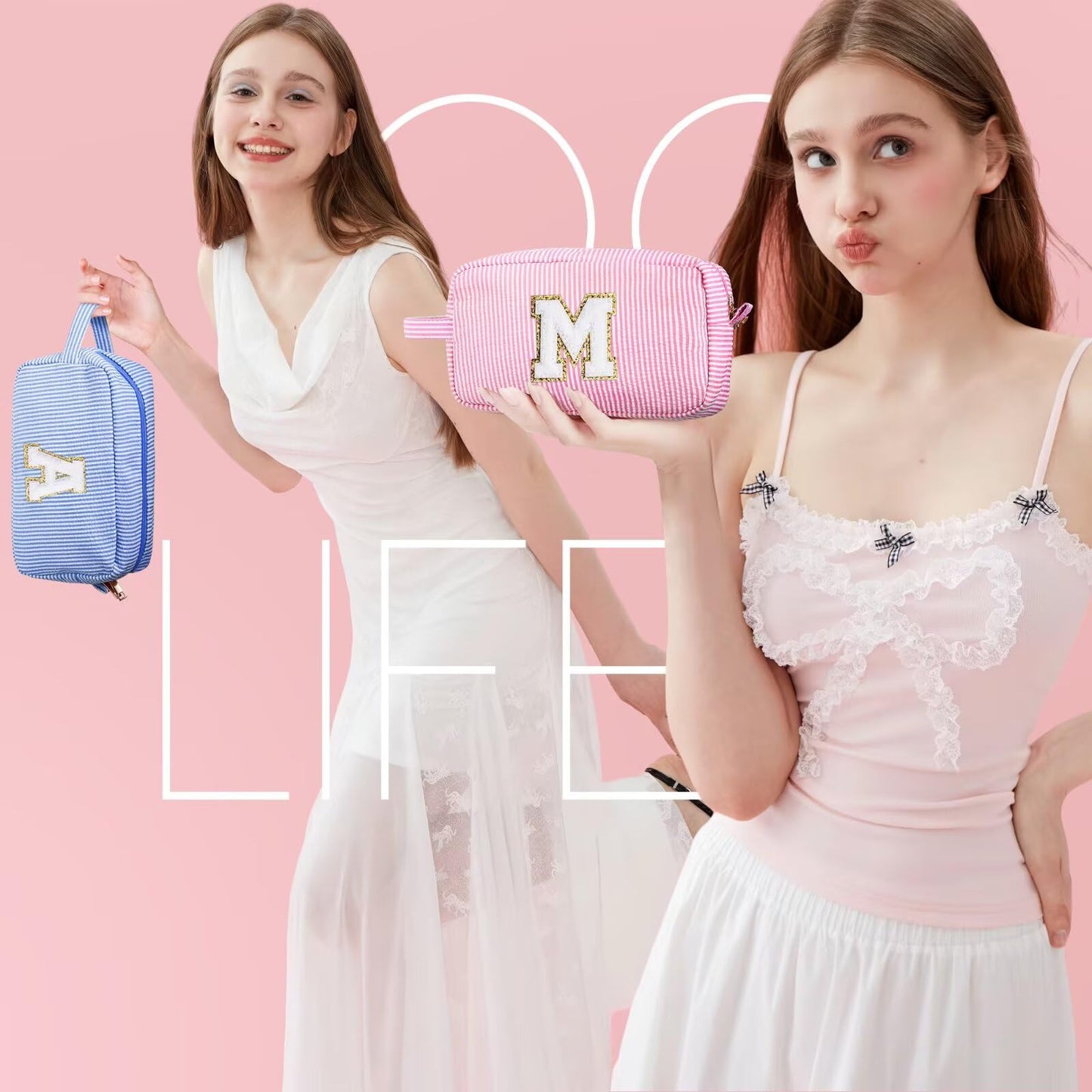 YOOLIFE Birthday Gifts for Girls 4–14 – Trendy Initial Makeup Bag, Cute Pink Travel Toiletry Pouch, Teen Girl Gift Ideas