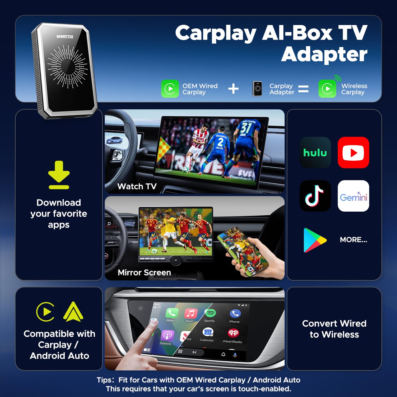 LAMTTO Wireless CarPlay Adapter with Gemini AI, 4GB+32GB Magic Box with Full Google Play Access-Download Streaming Apps, Games, Support Android Auto