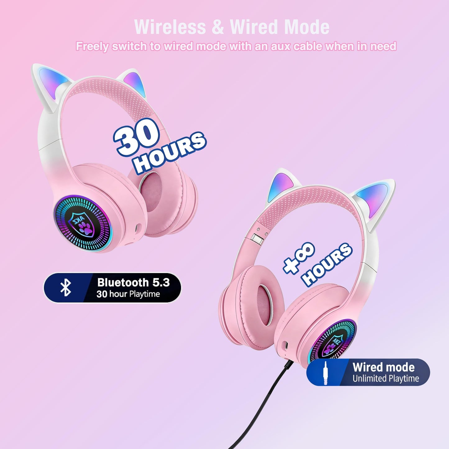 VIGROS Cat Ear Gaming Bluetooth 5.3 Wireless Foldable Headphones with LED Light, Stereo Game Surround Sound Over-Ear Headsets with Microphone AUX