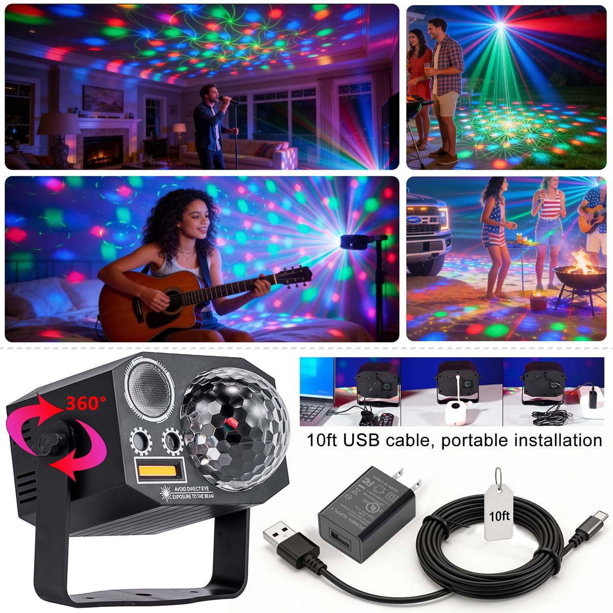 Dj Party Disco Ball Lights with Pattern and Sound Activated,10 ft USB Cable, Laucnpty LED Stage Strobe Light that Sync with Music, Christmas Rave/Home