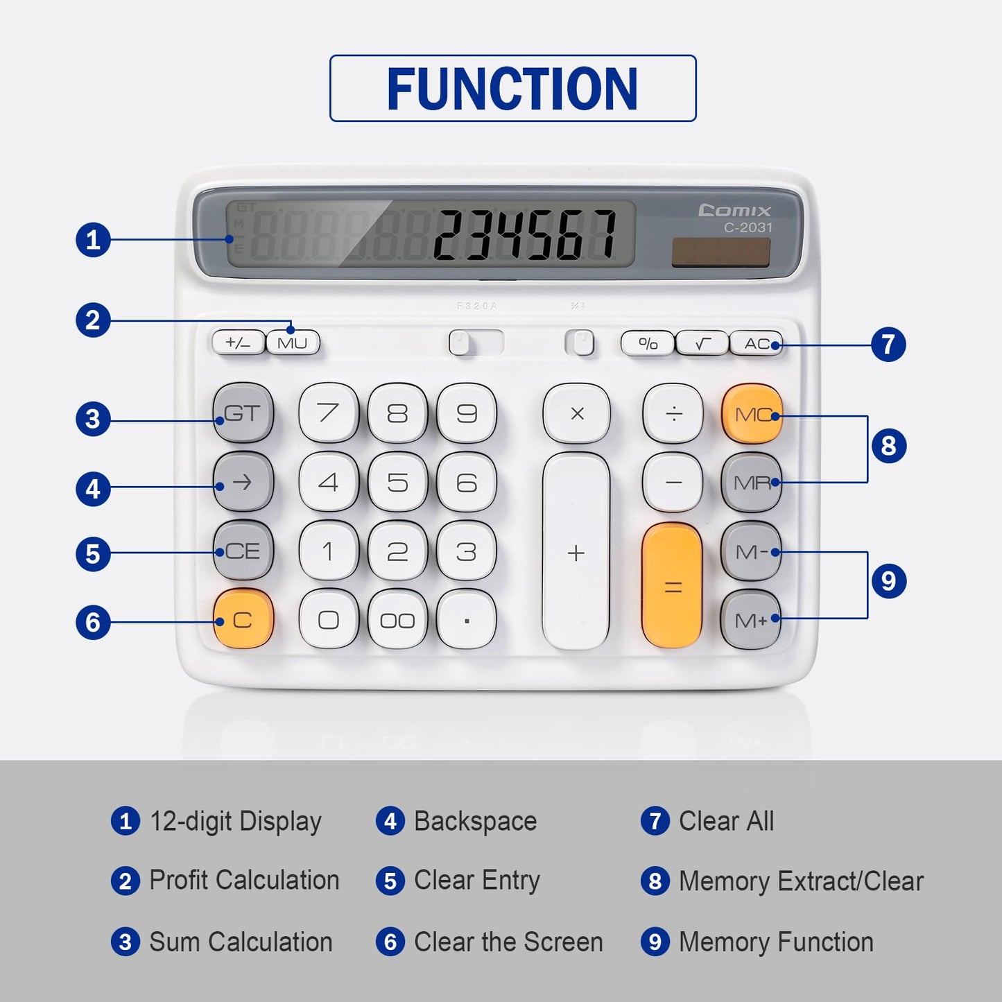 Comix Desk Calculator with 12 Digits Large LCD Display, Solar Battery Dual Power, Large Computer Keys Basic Calculator for Home Office School