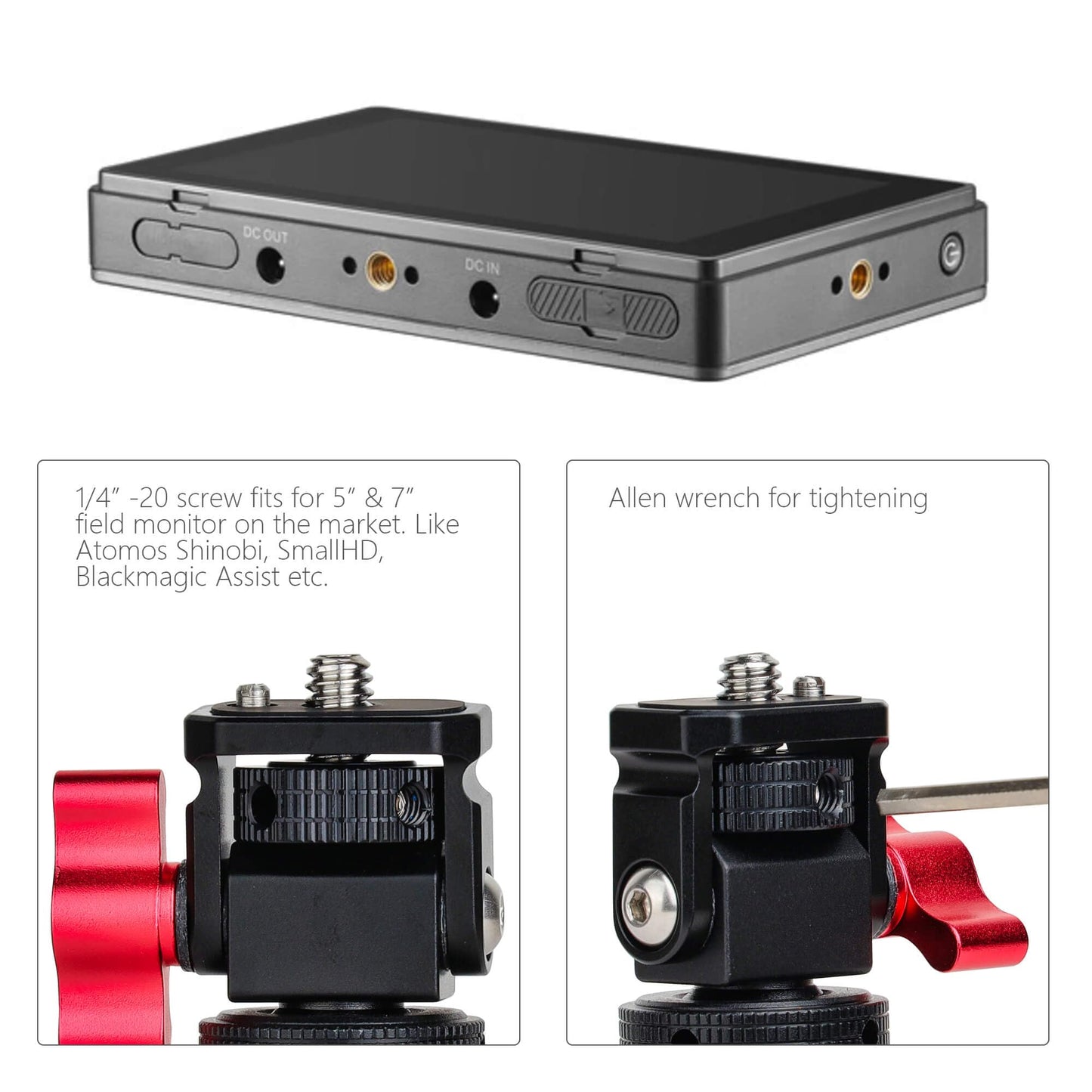 Universal Camera Monitor Mount, 360° Adjustable Aluminum Alloy Quick Release Bracket with Cold Shoe, Compatible with 5" or 7" Field Monitor for DSLR