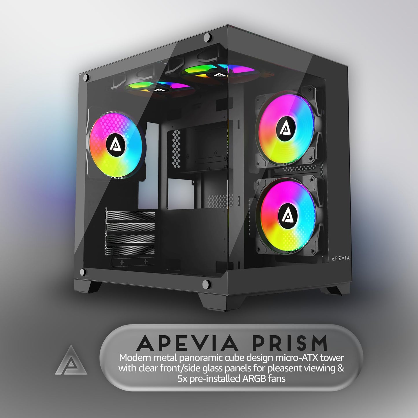 Apevia Prism-BK Prism Micro-ATX Gaming PC Cube Case w/ 5X 120mm ARGB Fans, 366 RGB Modes, Dual Tempered Glass Panels, 240mm Radiator Support, 1X