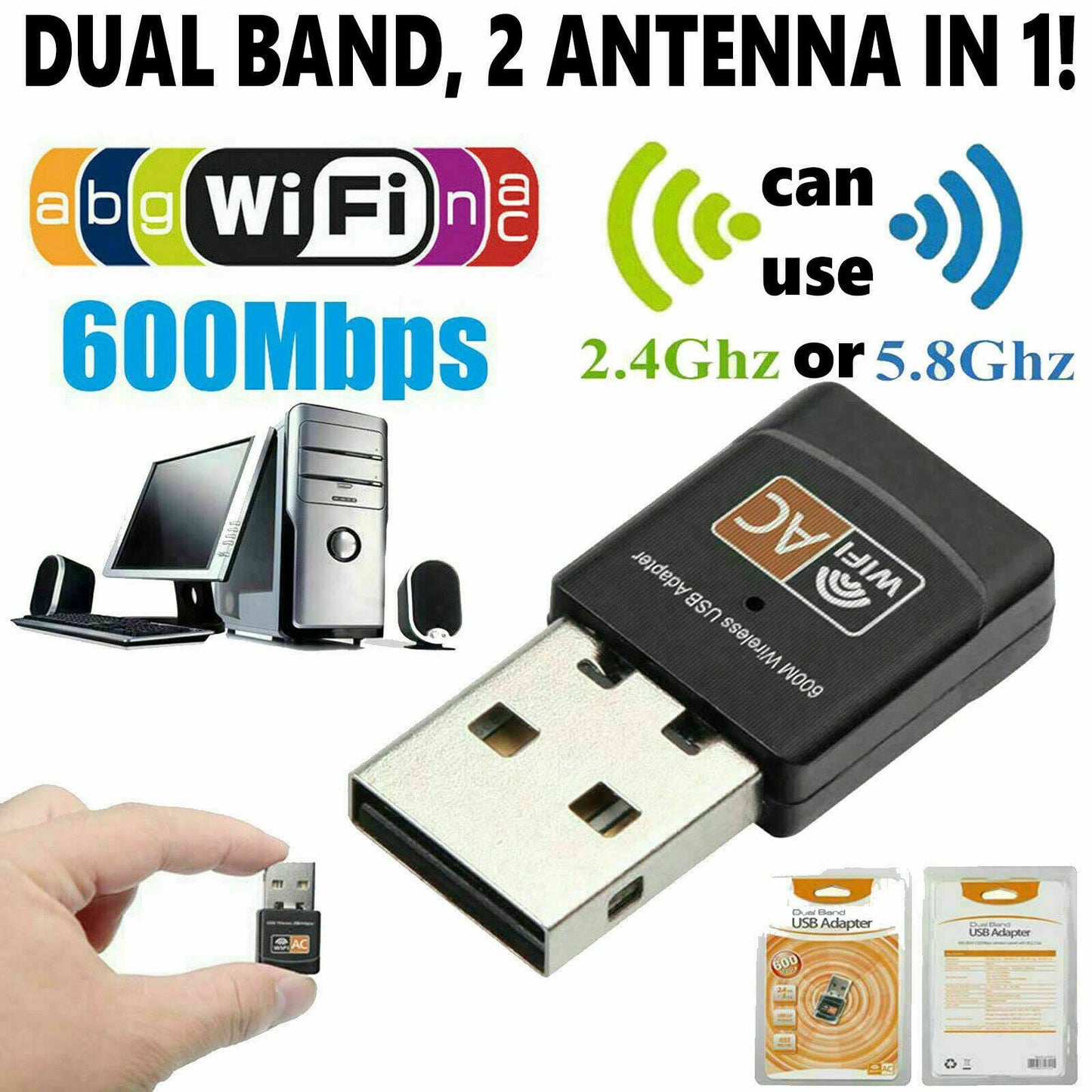 USB WiFi Adapter, AC600 Mbps Dual Band 2.4/5Ghz Wireless USB Mini WiFi Network Adapter 802.11 Mini Wireless for Laptop/Desktop/PC, Support Desktop