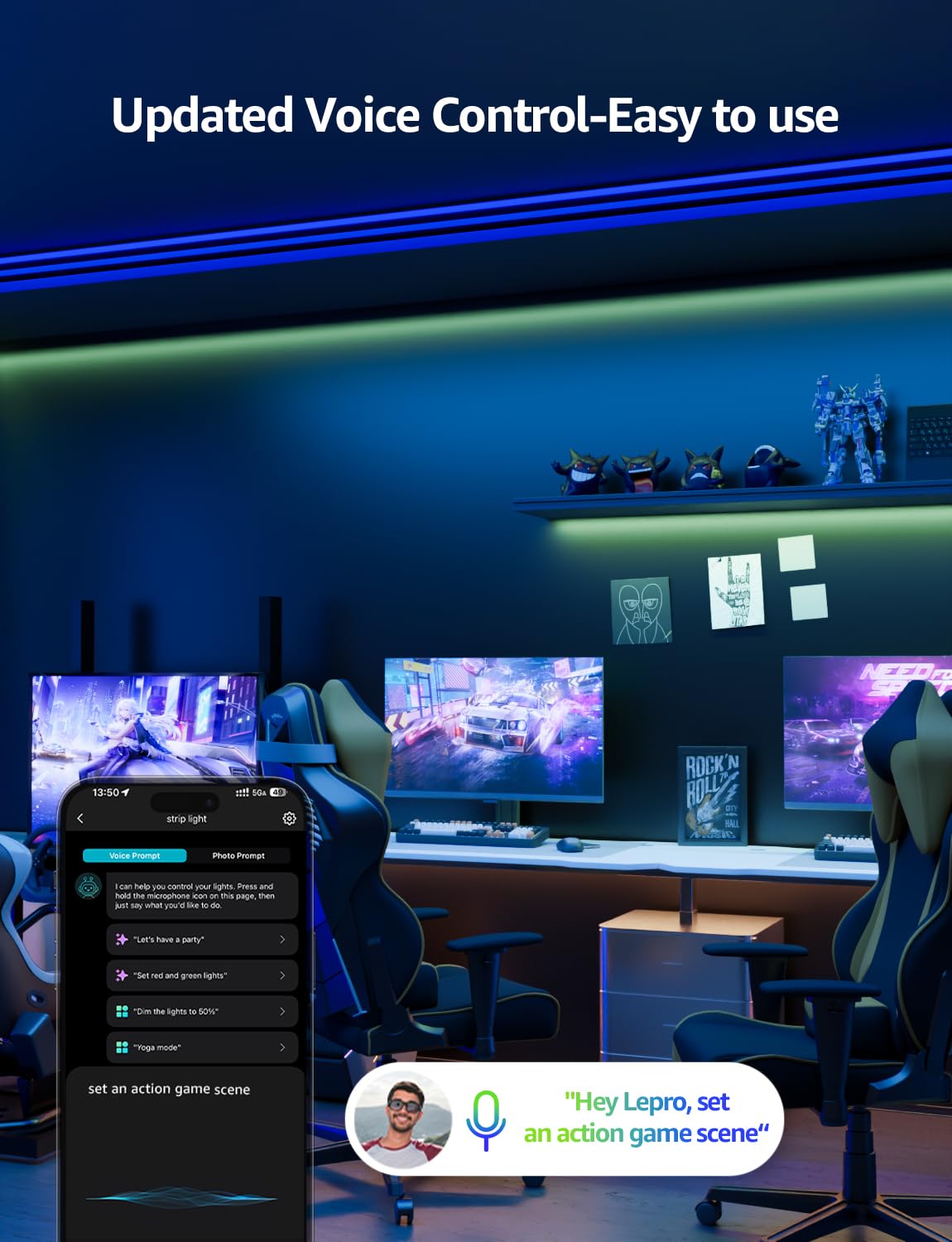 Lepro SE1 AI Smart LED Strip Lights - 65.6ft RGB Color Changing Light Strips with APP Control, AI Generated Lighting, Music Sync, 2.4GHz Wi-Fi