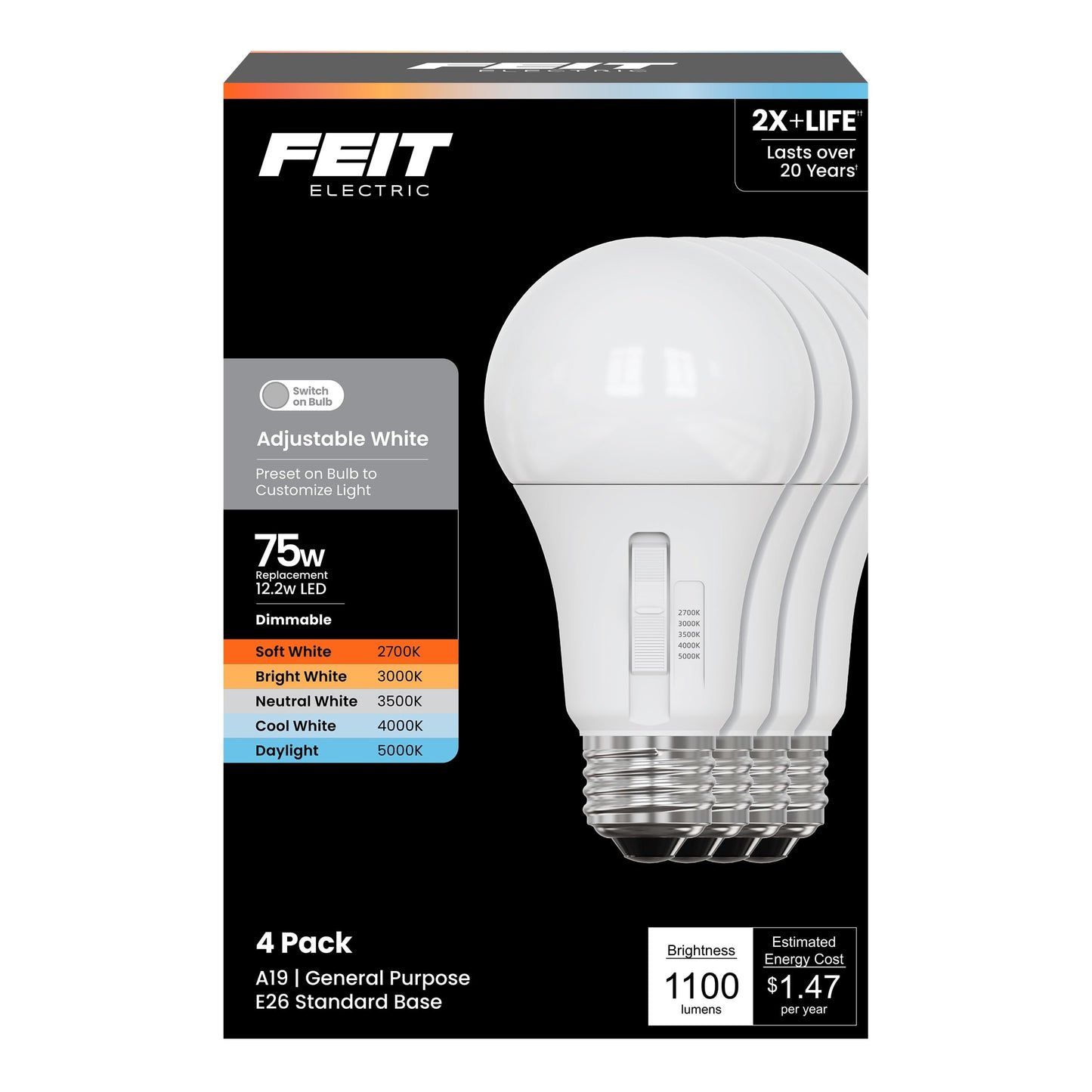 Feit Electric A21 LED Light Bulb, Adjustable White 2700K-5000K, Dimmable, 1500 Lumens, E26 Base, 25,000-Hour Lifetime (Adjustable White, 75, Watts)