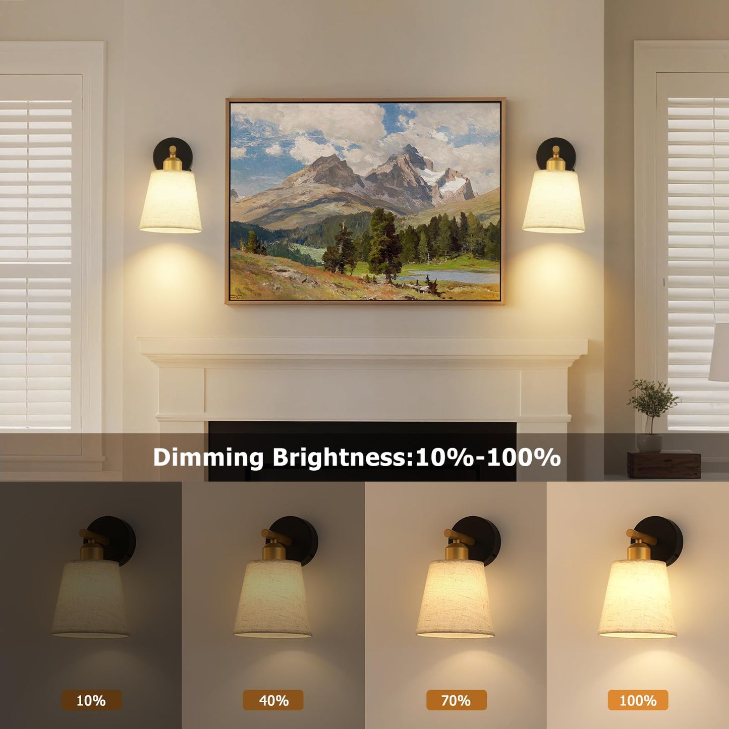 JOOSENLUX Battery Operated Wall Sconce Set of 2 with Fabric Shade - Rechargeable Cordless Wall Lamps, Remote Control, Dimmable LED, Black and Gold
