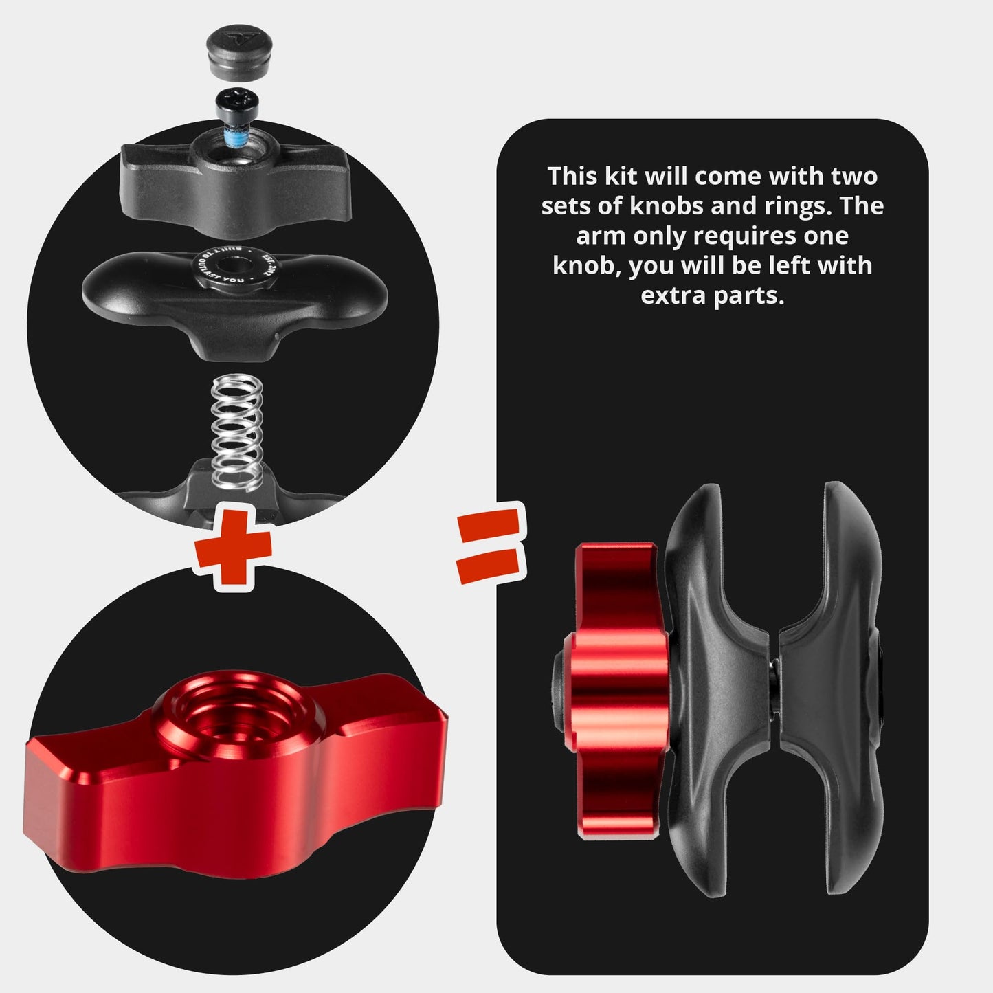 Tackform 2" Long Metal 20mm Ball and Socket Arm DuraLock 20 Series | Dual 20mm Sockets with Optional Anti-Theft Knob | Black with Red Billet Accent