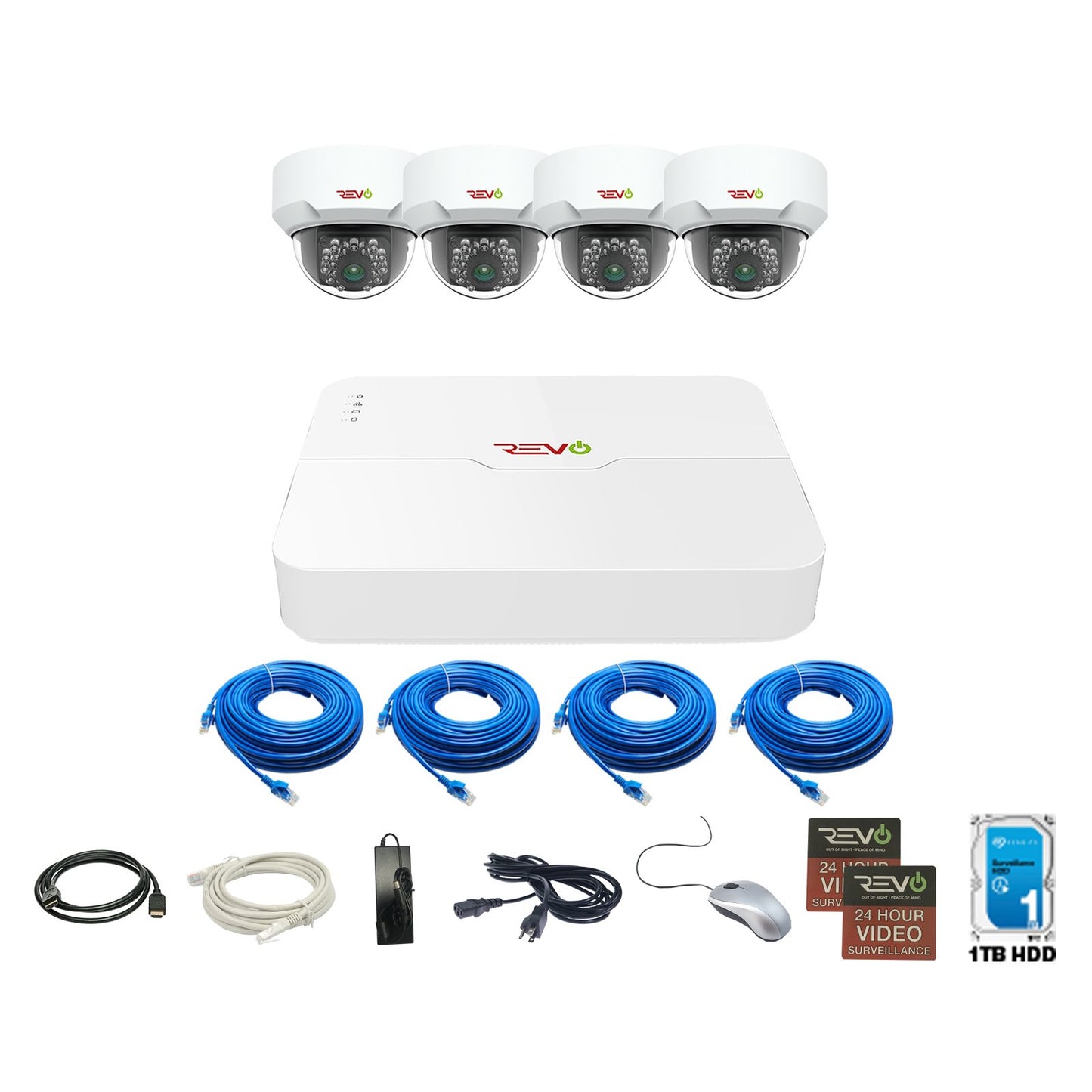 REVO America Ultra 4Ch. 1TB HDD 4K IP NVR Security System - Fixed Lens IP Cameras 4 x 4MP Mini Vadal Dome Cameras - Remote Access via Smart Phone