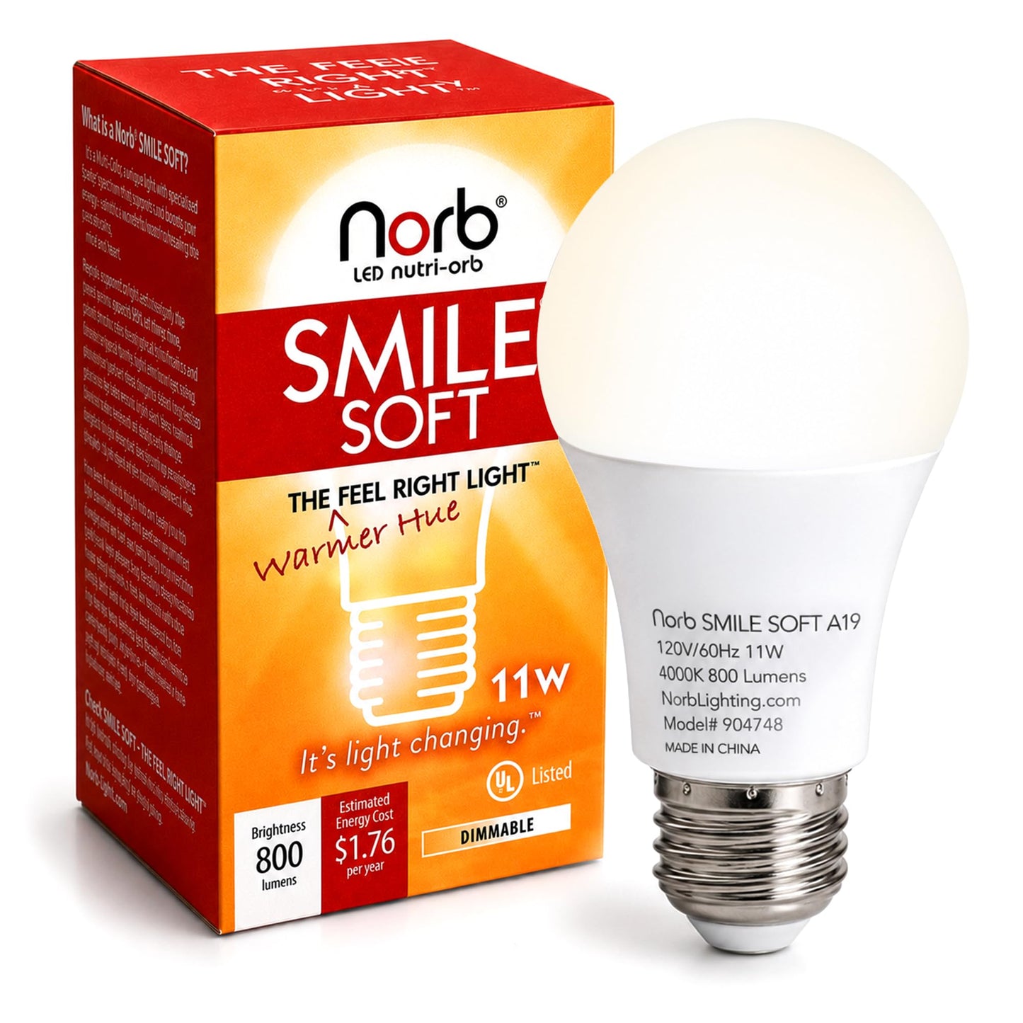 Norb NorbSMILE Soft Full Spectrum Light Bulb | US Patented | A19 LED Bulb & 11W 800 Lumens | 4000K Soft Daylight White, CRI 96 & Dimmable E26 Base |