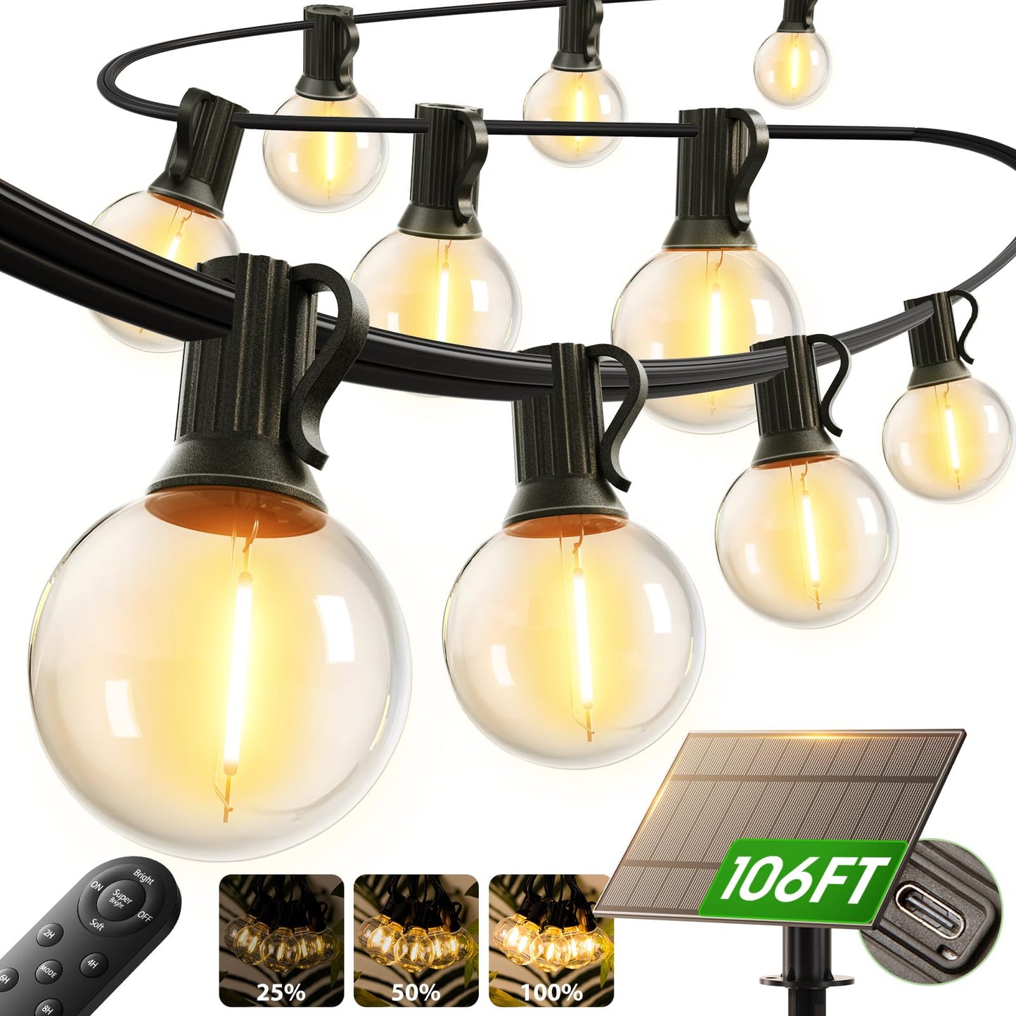 addlon 100FT Solar String Lights Outdoor with Remote, 54 LED Shatterproof Bulbs, USB Charging, 20+ Hour Runtime, Dimmable & Timable, G40 Waterproof