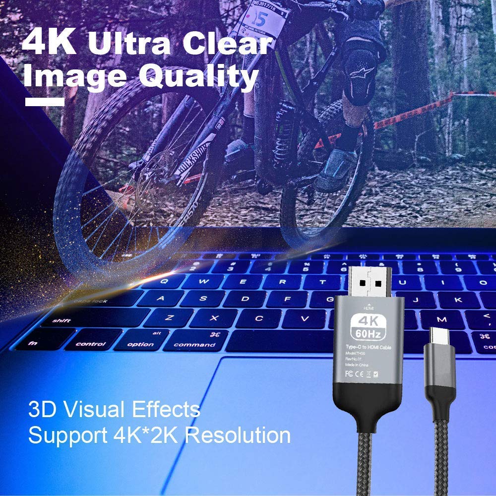 CONVELIFE USB C to HDMI Cable (4k@60Hz), 10ft/3m Type C to HDMI Cable, USB 3.1 & Thunderbolt 3 Compatible for MacBook Pro, iPad Pro, iMac 4K / 5K