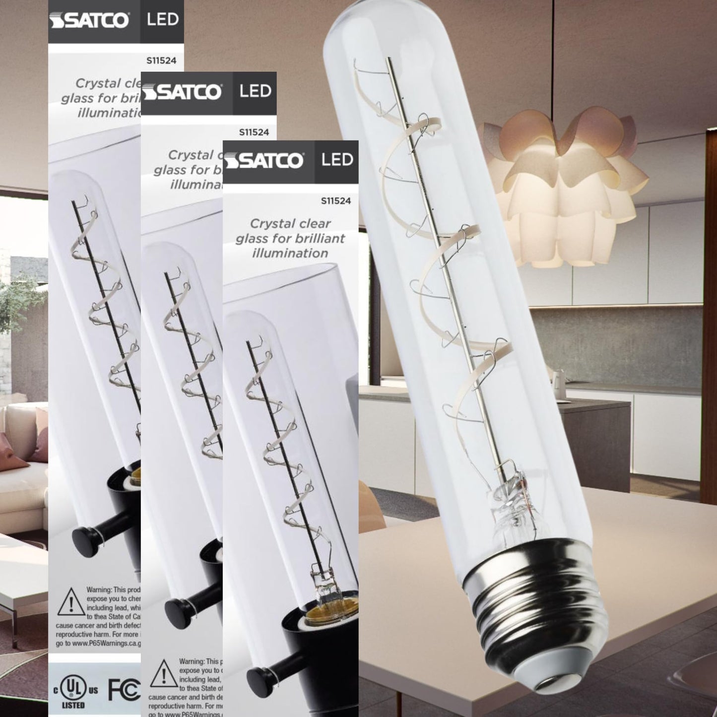 Satco S11524 LED Bulb, 6W (40W Eq), T9 Vintage Style, Flex Gray Coil Filament, 2700K Warm White, E26 Medium Base, Dimmable, Clear Glass, 500 Lumens