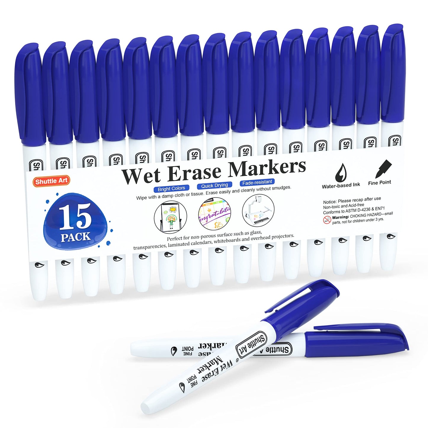 Shuttle Art Wet Erase Markers, 15 Pack Blue 1mm Fine Tip Smudge-Free Markers, Use on Laminated Calendars, Overhead Projectors, Schedules, Whiteboards