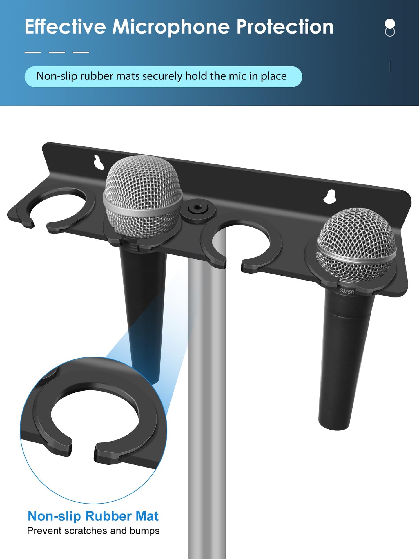 Multi Microphone Holder (Aluminum) for Handheld Dynamic, Wired and Wireless Mics, Multiple Mic Organizer for Mic Stand, Rubber Padding/Wall Mounted or