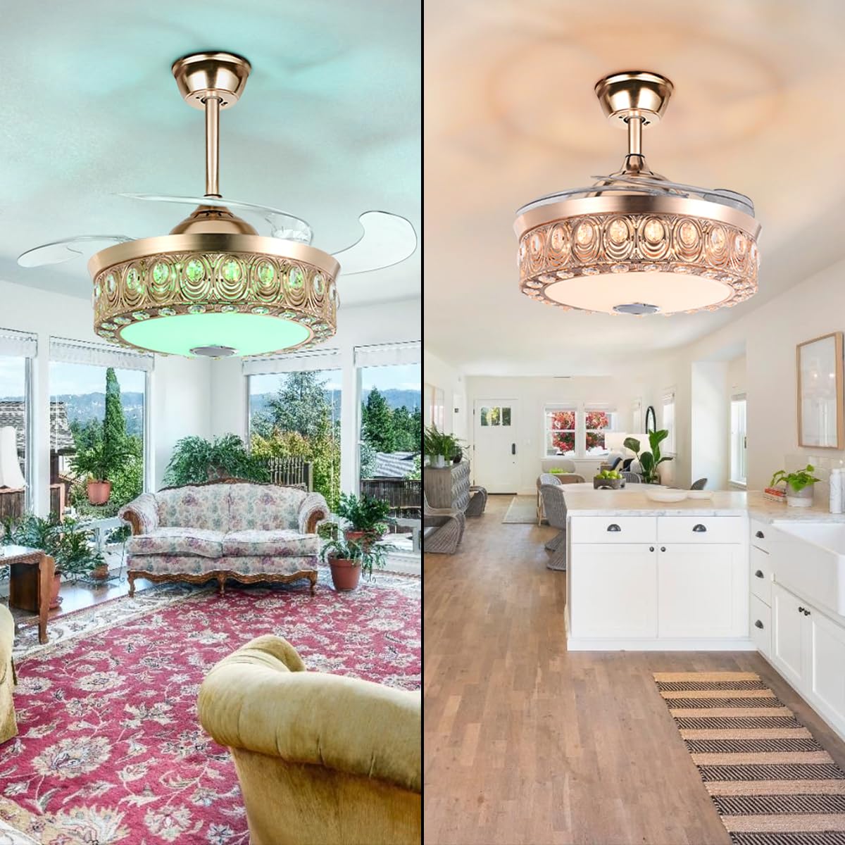 A Million Modern Fandelier Ceiling Fan with Light and Remote, 42”Gold Retractable Chandelier Ceiling Fans with Bluetooth Speaker 3 Speeds RGB LED