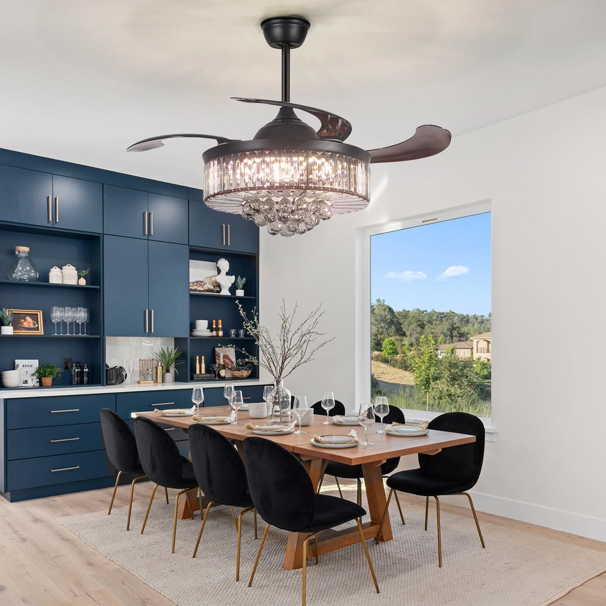 A Million 42" Crystal Ceiling Fan with Lights, Black Ceiling Fan Chandelier with Remote Control 3 Color Light and 3 Speed Change Retractable Blade