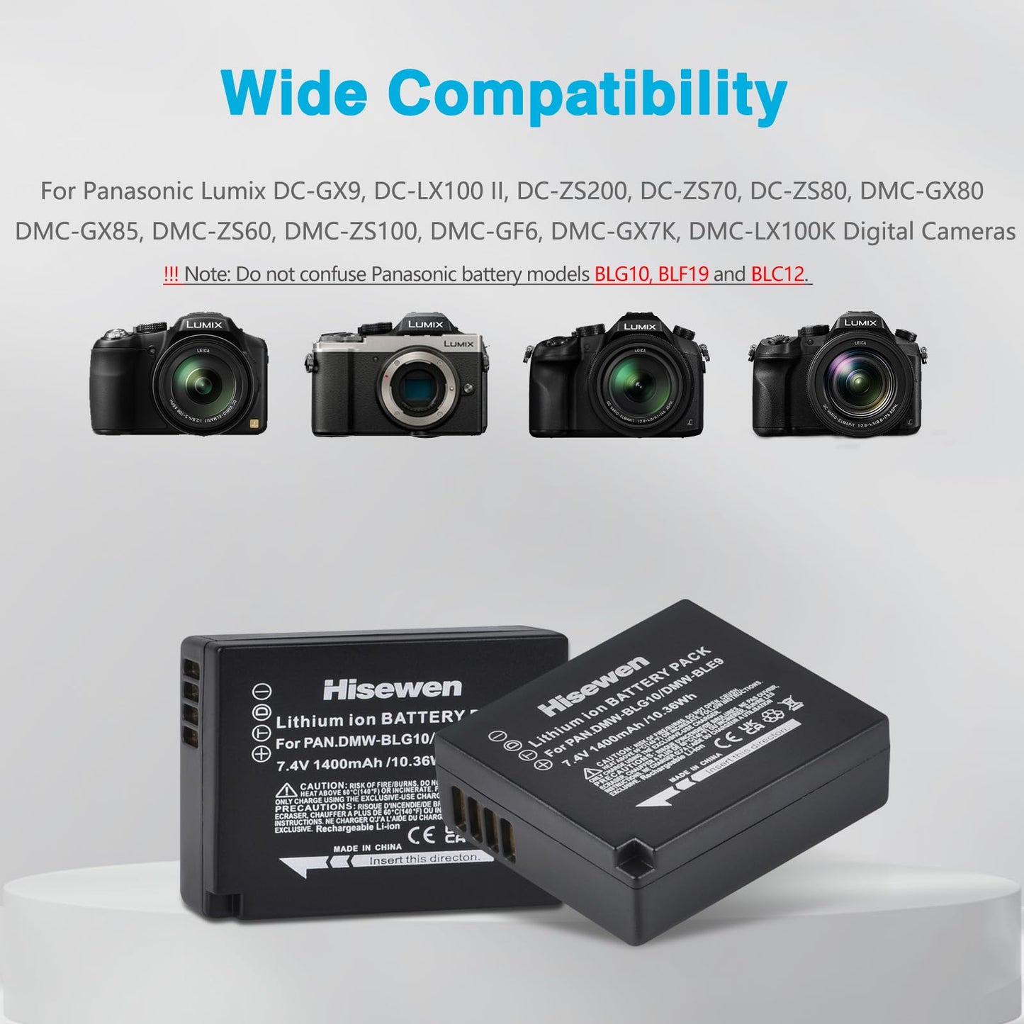 Hisewen DMW-BLG10 DMW-BLG10PP DMW-BLE9 Battery 2 Pcs, Dual Charger for Panasonic Lumix DMC-GX85 DMC-GX80 DMC-ZS60 DMC-ZS100 DMC-GF3 DMC-GF5 DMC-GF6