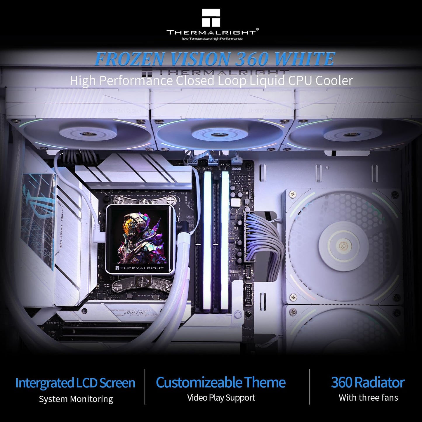 Thermalright Frozen Vision 360 ARGB White Liquid CPU Cooler with 12cm PWM Fan,2.88-inch Square Image 480x480 Resolution LCD Display,Computer CPU Water