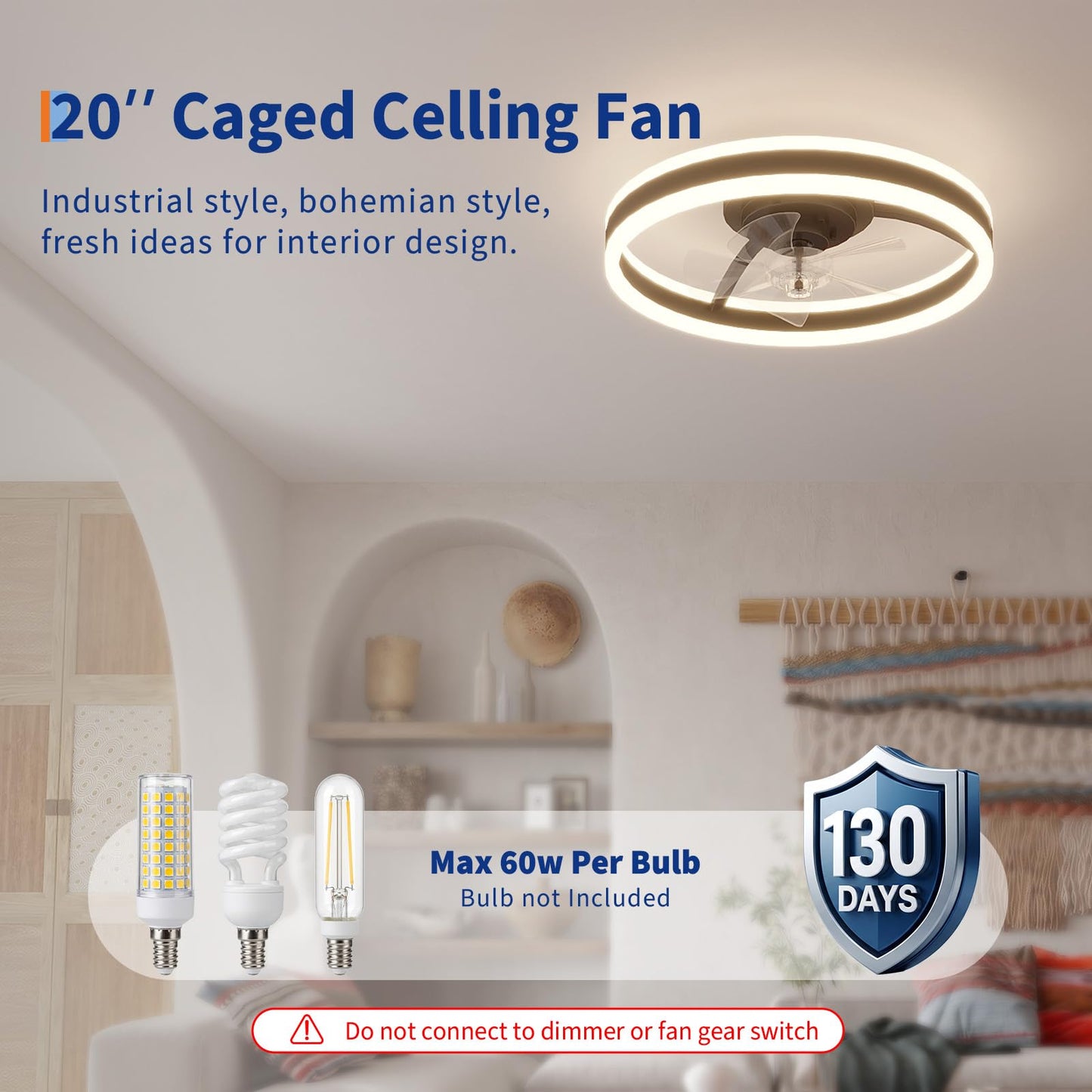 GarveeHome 20 Inch Fandelier Caged Ceiling Fans with Lights and Remote, 10%-100% Dimmable, Rustic Bladeless Ceiling Fan, Small Farmhouse Fan Lights