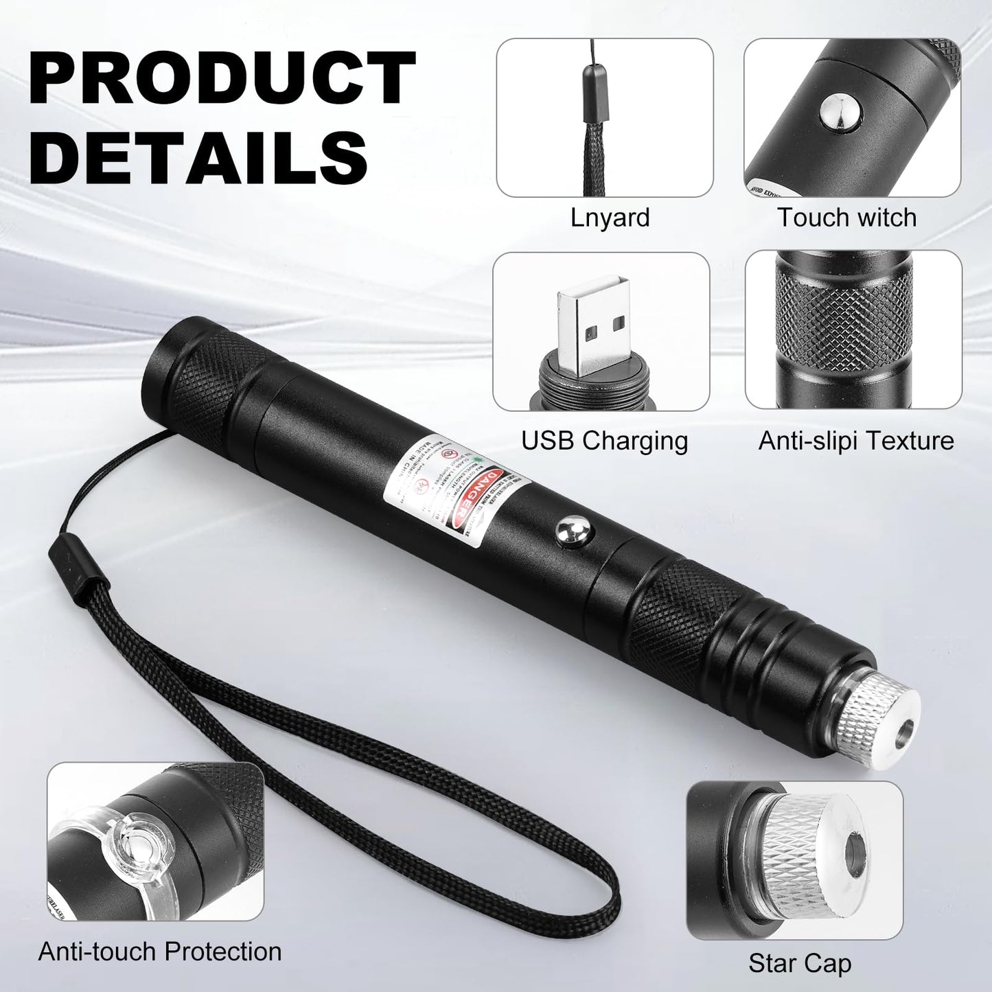 JANHER High Power Green Laser Pointer with Removable Star Cap, Long Range Single Pinpoint Mode, Built-in USB Rechargeable Lazer for Astronomy, Hiking