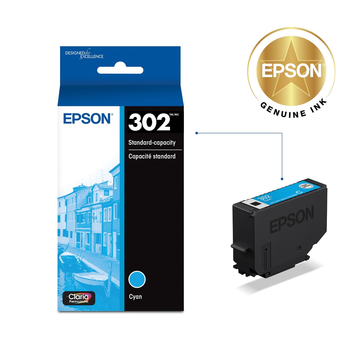 EPSON 302 Claria Premium Ink Standard Capacity Cyan Cartridge (T302220-S) Works with Expression XP-6000, 6100