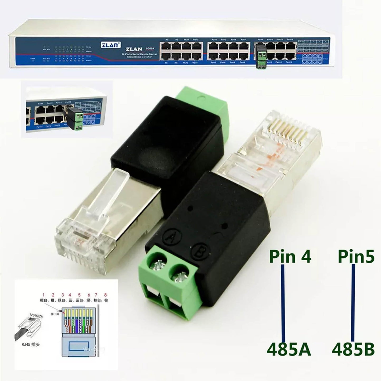 UpperFu 2pcs RJ45 Male to 485 RS485 2 Pin (4 5P) Screw Terminal Adapter Connector Converter Splitter CCTV DVR (A to Pin 4, B Connect to Pin 5)