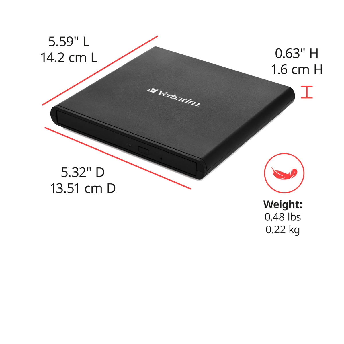 Verbatim External Slimline CD/DVD Writer, USB 2.0, M-DISC, USB-C Adapter