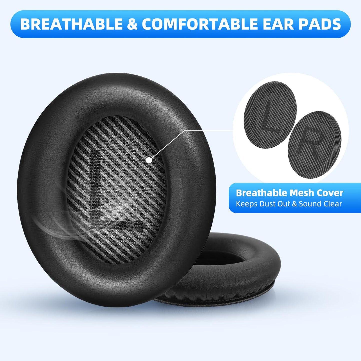 BINGLE Replacement Ear Pads for Bose Headphones QuietComfort 35 (QC35) & Quiet Comfort 35 II (QC35ii) Protein Leather Ear Cushions- Memory Foam- Added