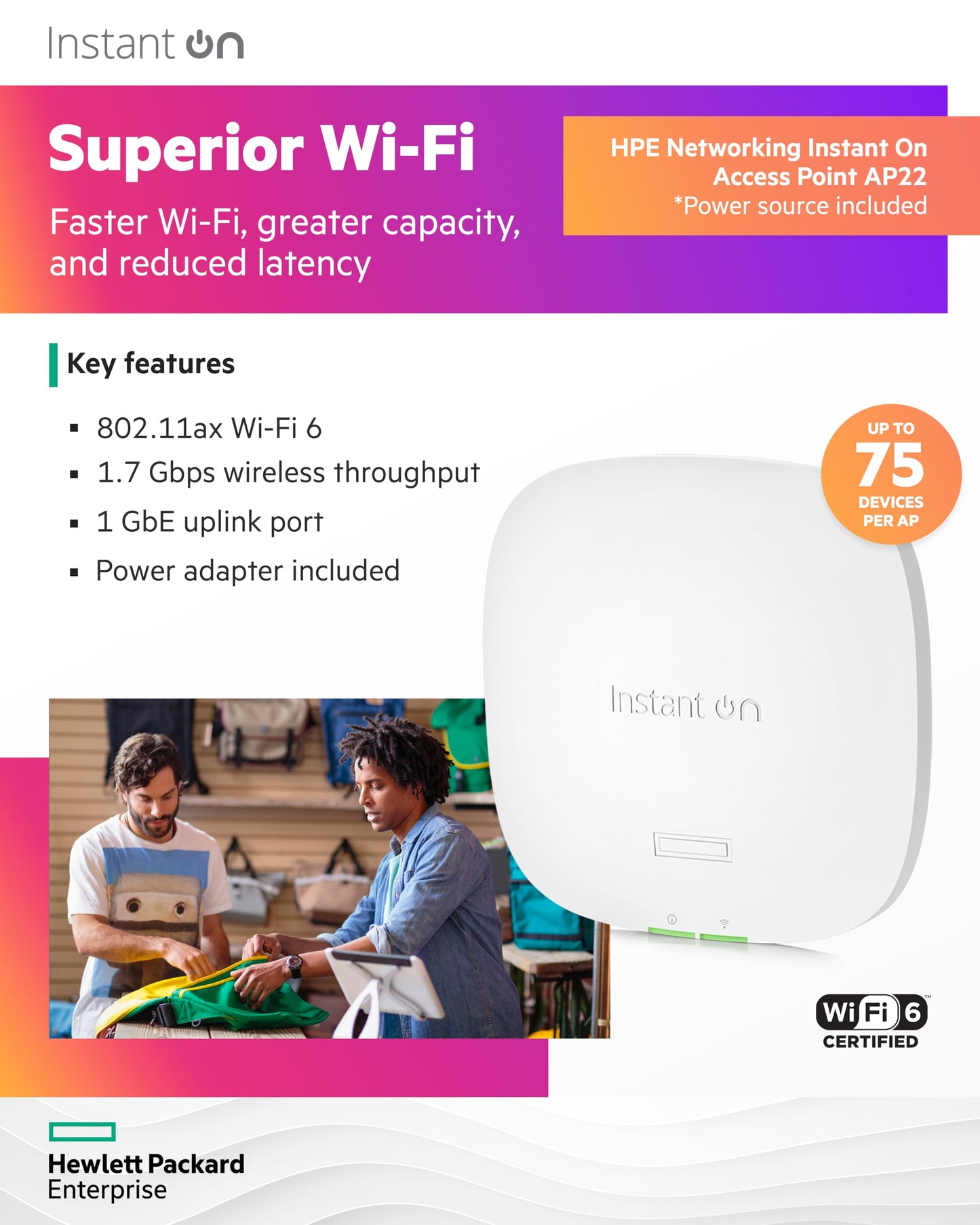 HPE Networking Instant On Access Point AP22 2x2 WiFi 6 Indoor Wireless Access Point | Long Range, Secure, Smart Mesh Support | Power Source Included |