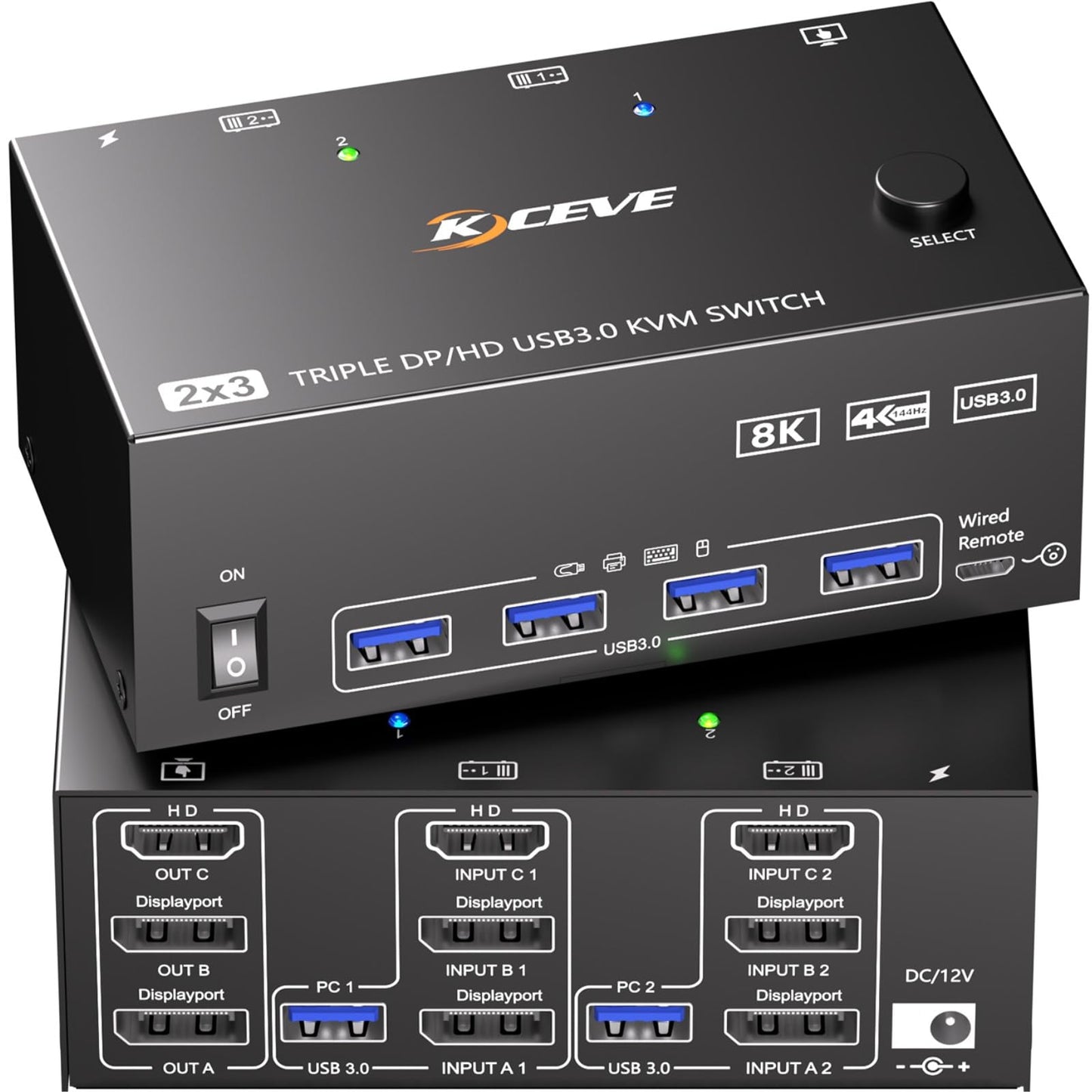 KVM Switch 3 Monitors 2 Computers 8K@60Hz, Camgeet HDMI Displayport KVM Switch Triple Monitor for 2 Computer Share 3 Monitor and 4 USB3.0