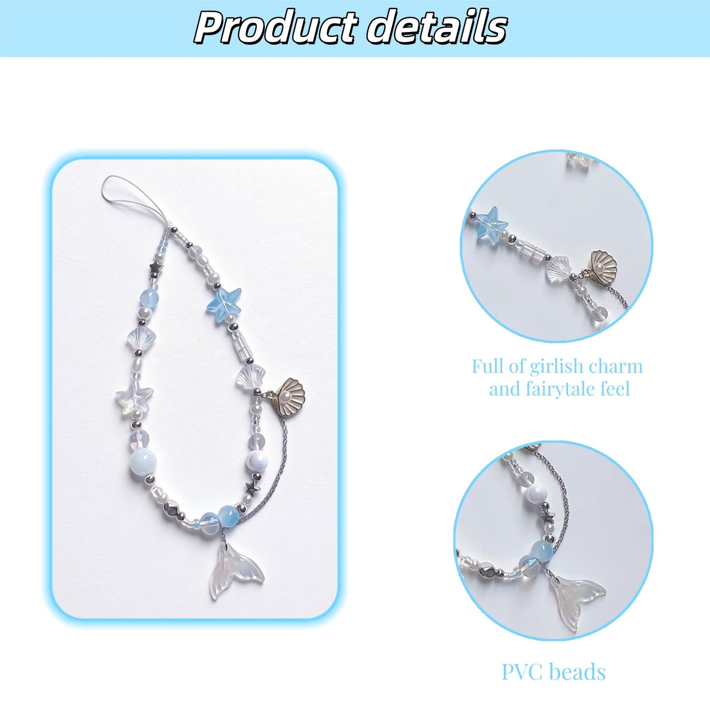 QPHYFXF 2-Pack Mermaid Seashell Beaded Phone Wrist Strap, Crystal Pearl Beach Style Phone Charm, Universal Wrist Lanyard Keychain Bag Accessory
