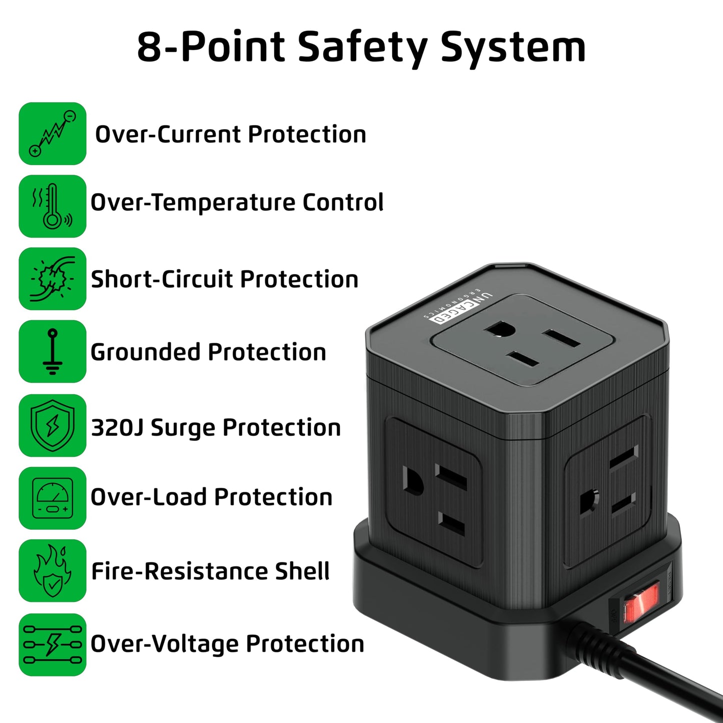 Cube Power Strips with Surge Protection, 10ft Extension Cord with Multiple Outlets, 5 AC Plugs, 3 USB, 1 Usbc Fast Charging Power Strip with USB