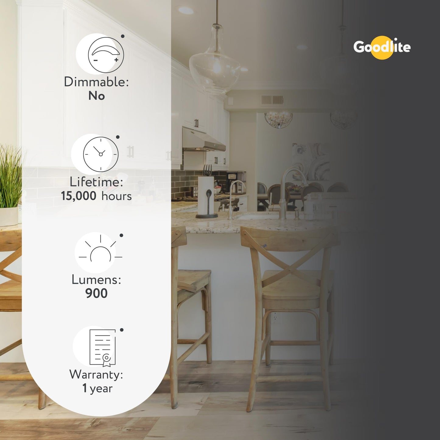Goodlite A19 Standard LED Light Bulb - 9 Watt, 60W Equivalent, 800 Lumens, High CRI, 5000K Super White, Non-Dimmable, UL Listed, 15,000 Life Hours