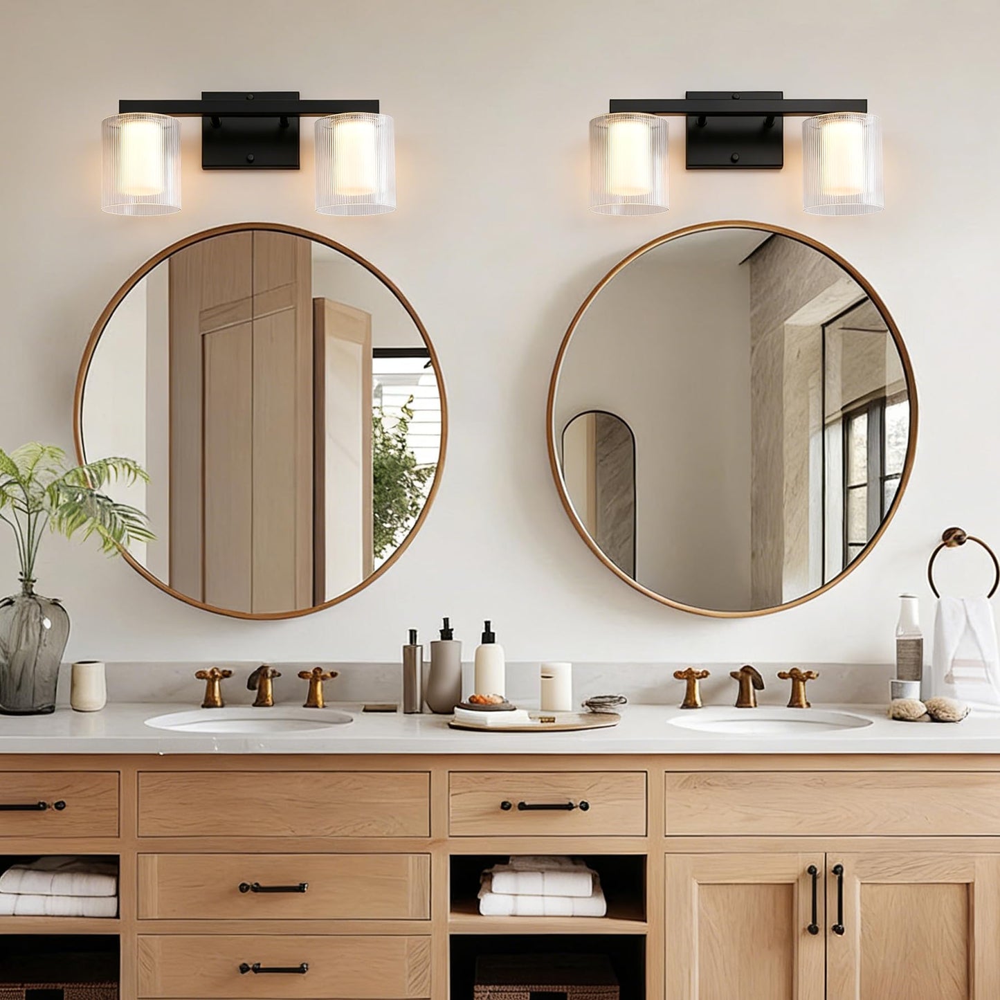 Nwaprh 2-Light Bathroom Vanity Light, 15.75" Matte Black LED Bathroom Light Fixture with Ribbed Glass Shades, 3000K Warm White Wall Sconce, Up/Down