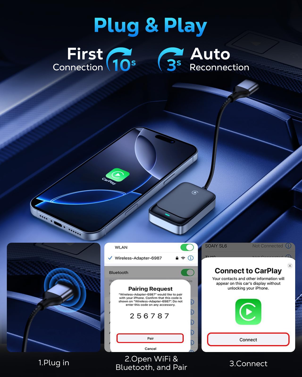 MoKo Wireless CarPlay Adapter for iPhone 2025, Only for iPhone iOS 10+ and Cars with Built-in Car Play, Converts Wired Car Play to Wireless