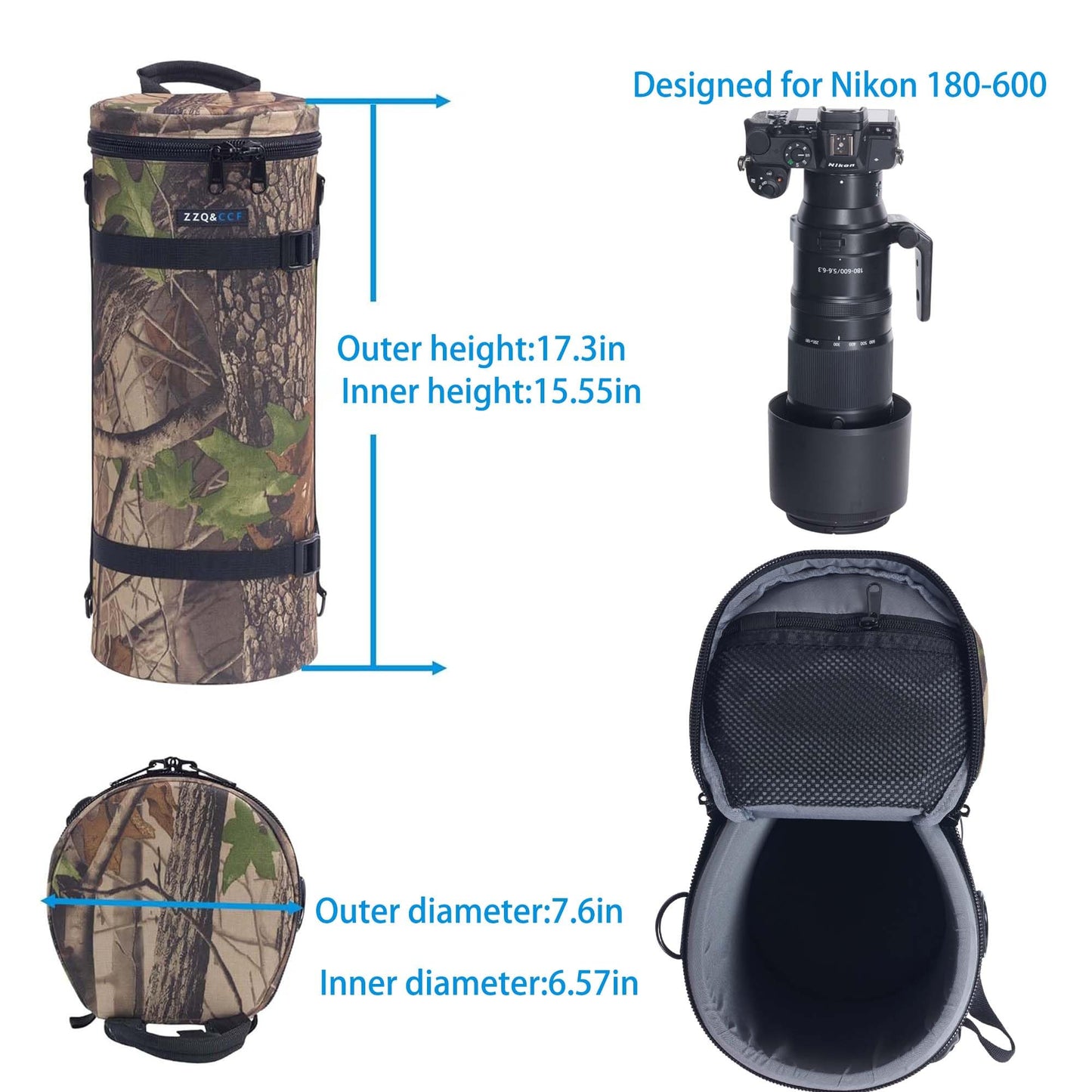 ZZQ&CCF Camera Lens Case Pouch Bag for NIKON NIKKOR Z 180-600mm f/5.6-6.3 VR Water Resistant Protective Camera Lens Pouch for Telephoto Zoom #Black