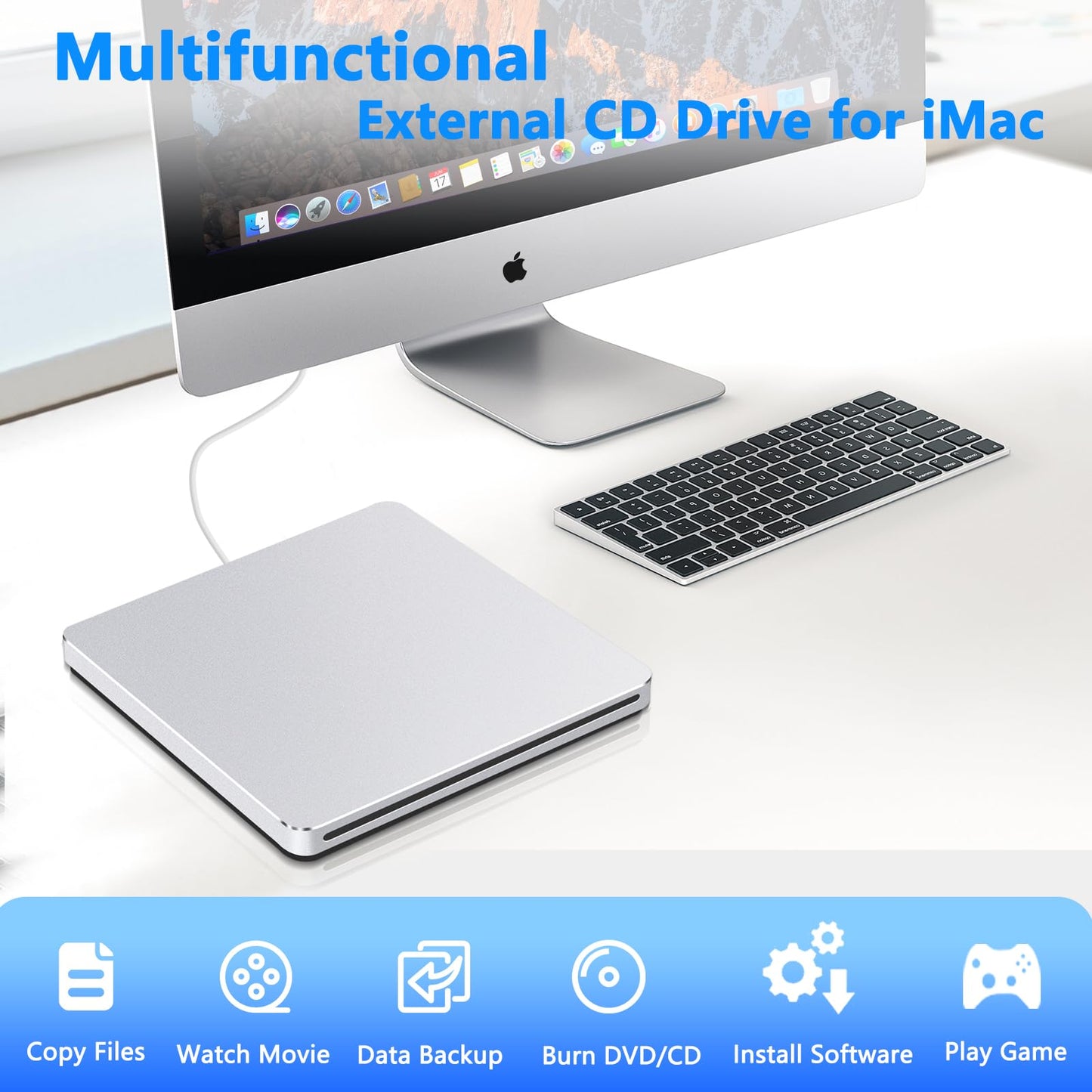 Guamar External CD Drive for Mac: USB 3.0 Superdrive for Apple MacBook - Slim & Portable Slot-in DVD Burner for Laptop PC Windows with USB-C Adapter
