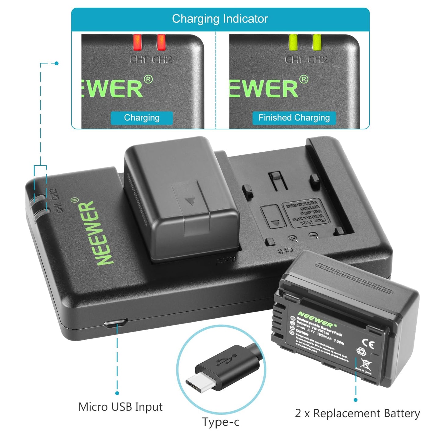 NEEWER Replacement Battery and Charger Set for VW-VBT190, 2 Pack 1950 mAh Batteries and Dual USB Charger, Compatible with Panasonic HC-V110 V130 V160