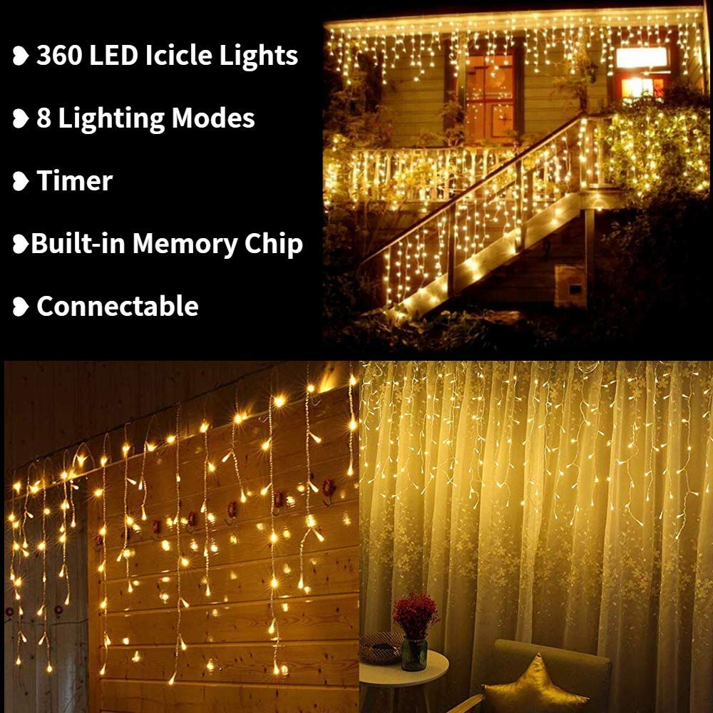 Toodour Christmas Icicle Lights Outdoor, 360 LED 29.5ft 8 Modes Fairy Icicle String Light with 60 Drops, Led Christmas Lights Twinkle for Holiday