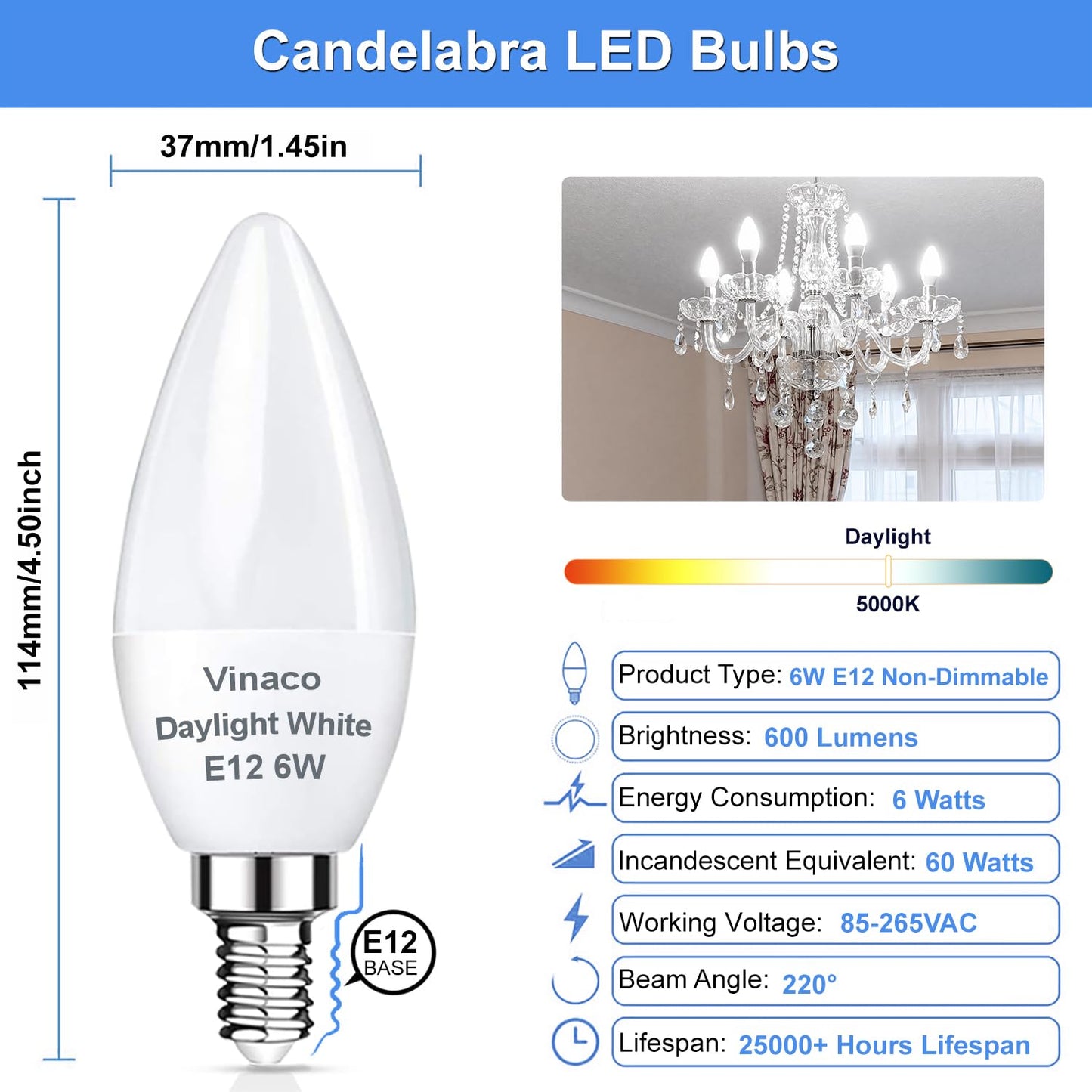Vinaco E12 LED Candelabra Bulb 6W 5000K Daylight for Ceiling Fan Light