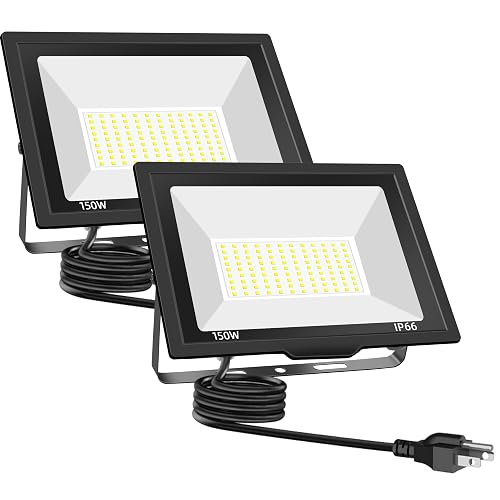 Gopretty 150W LED Flood Lights Outdoor, 18000LM Bright Work Light with 5FT Plug, IP66 Waterproof Exterior Security Lights, 6500K Daylight White