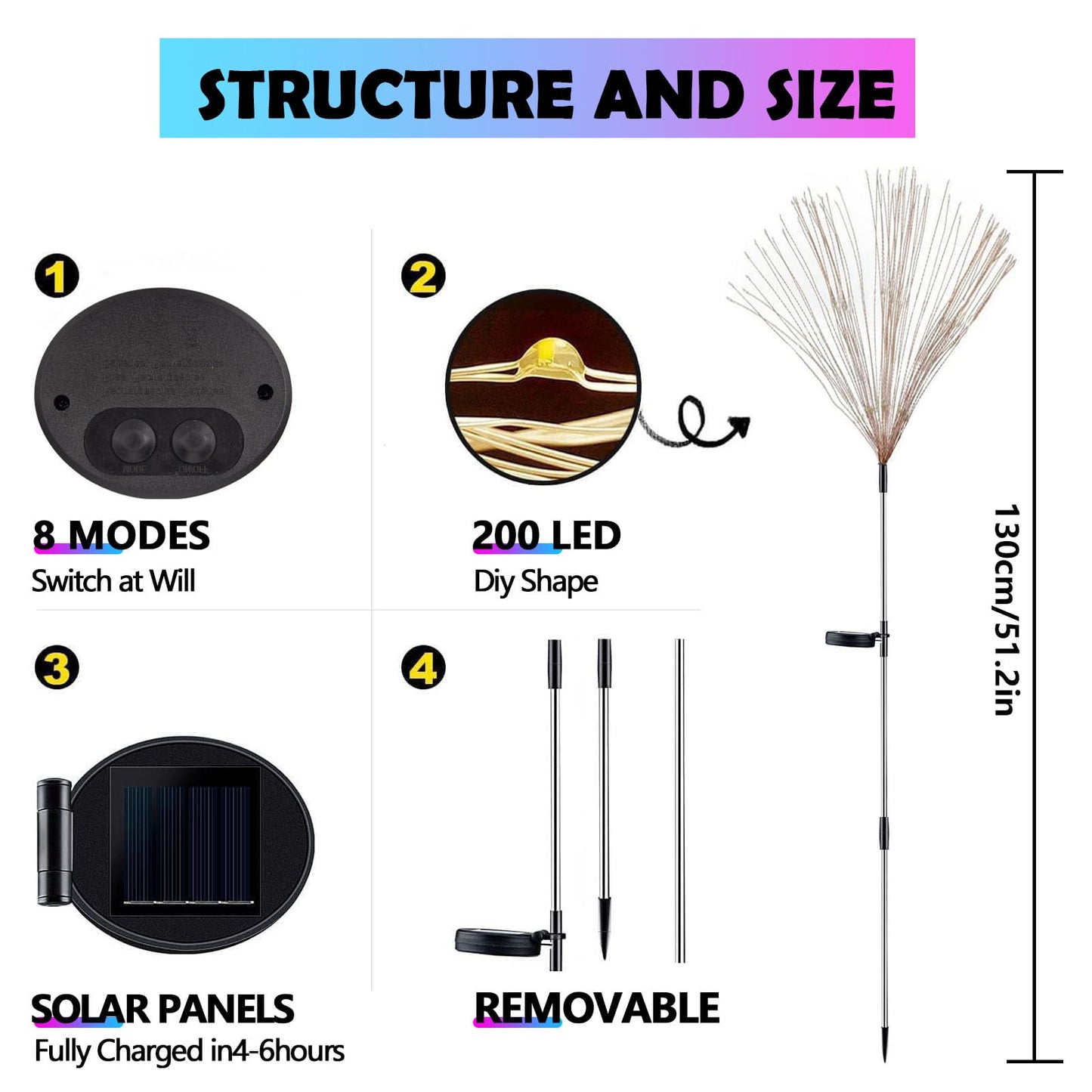 colcutee 2 Pack Solar Firework Lights Outdoor, Adjustable 32" to 51" Extra Tall, 200 LED Stainless Steel 3-Section Pole, 8 Modes Waterproof Starburst