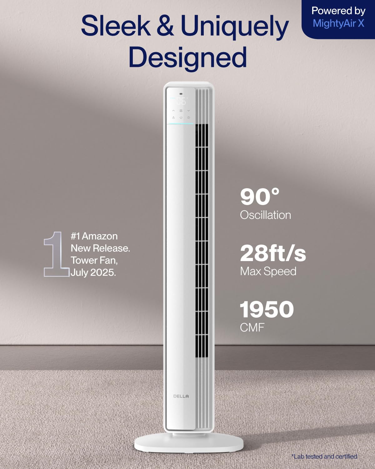 Della 42" Smart Tower Fan, Ultra Quiet 23dB Cooling Fan with 12 Speeds, 90° Oscillating, 28ft/s Airflow, DC Motor, 24H Timer, Voice/App/Remote Control